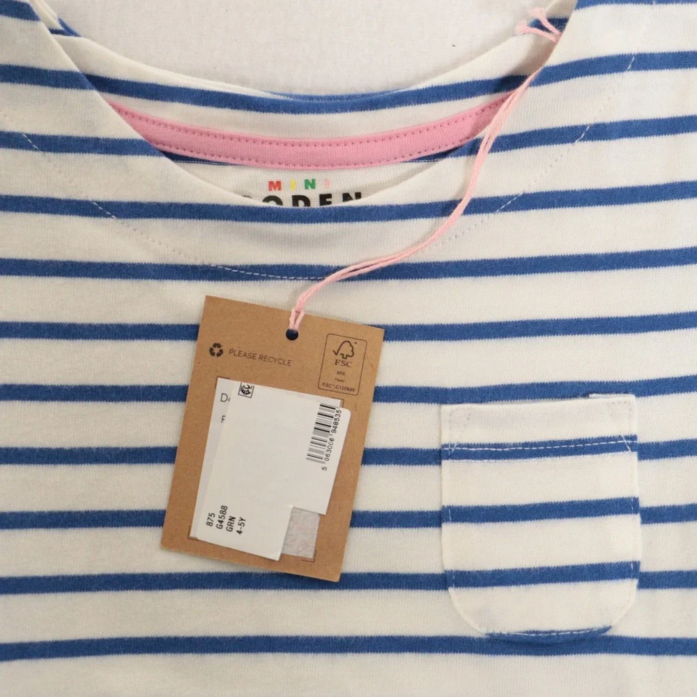 Mini Boden Girls Dress French Bulldog Stripes Green 100% Cotton Kids 4-5Y NWT
